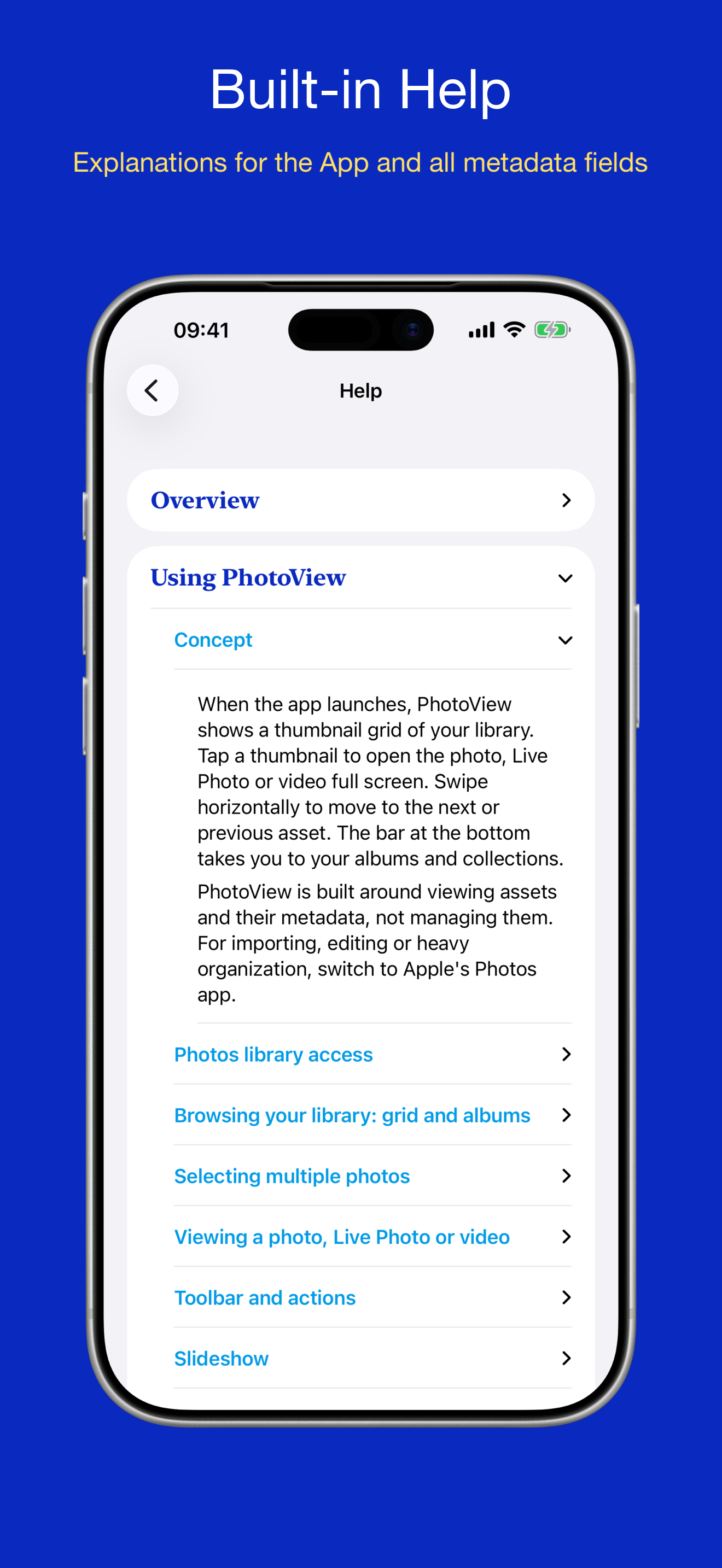 The in-app help and user guide
